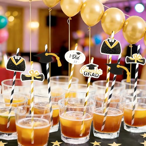 24 pitillos de papel para graduación negro y dorado miniatura 7