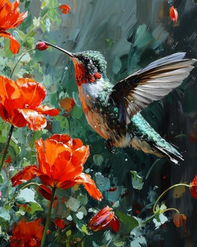 Kit de bordado para principiantes, colibrí entre tulipanes rojos, diseños de punto de cruz, suministros fáciles, costura, bordado de punto de aguja, regalo para decoración del hogar, 16 x 20 pulgadas