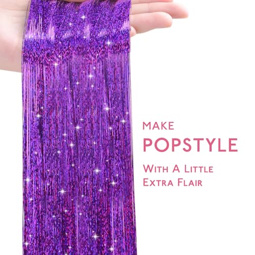 Image of WENNALIFE Hair Tinsel for Girls, Purple Fairy Kit 1200 Strands 6PCS 48 Inch Heat Resistant Glitter Tinsel Hair Extensions Kit Christmas Feathers Sparkle Strands