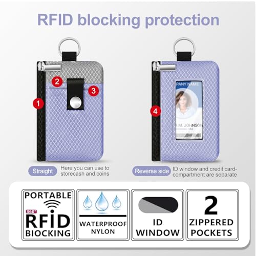 Image of Minimalist RFID Blocking Small Wallet with ID Window,WaterResistant Zip Id Case Wallet with Lanyard Keychain for Cards,Cash,Travel,Women,Men (Lavender Purple /Light gray)