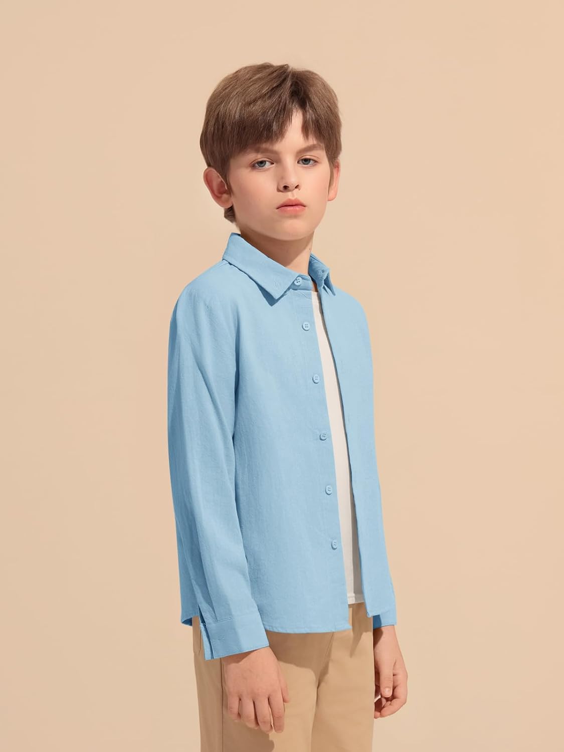 Haloumoning Boys Long Sleeve Button Down Shirt Kids Cotton Texture Dress Shirts School Uniform Shirt 5-14 Years - Image 4