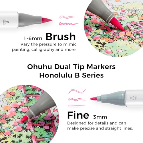 Image of Ohuhu Brush Tip Pastel Alcohol-Based Markers - 48 Colors, Double Tipped for Sketch, Adult Coloring, Illustration - Includes Blender and Case, Multi-Coloured