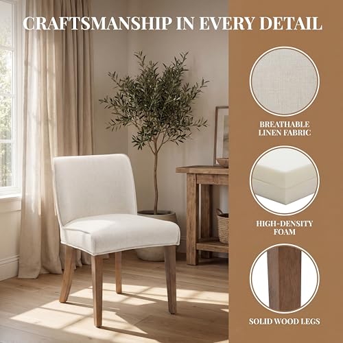 Image of Upholstered Parsons Chair Set of 2, Linen Fabric Solid White Dining Chairs with Walnut Wood Leg Cushioned Back Modern Rustic Side Chairs for Living Room /Kitchen /Dining /Restaurant