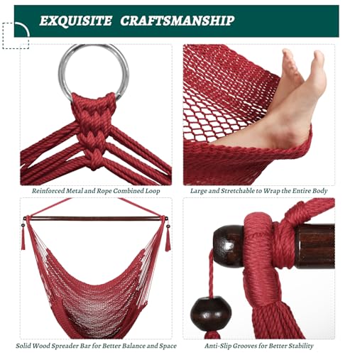 Image of Bathonly Large Hammock Chair with Spreader Bar, Caribbean Hammock Swing Chair, XL Hammock Chair Outdoor Indoor, 330 LBS Weight Capacity, Red