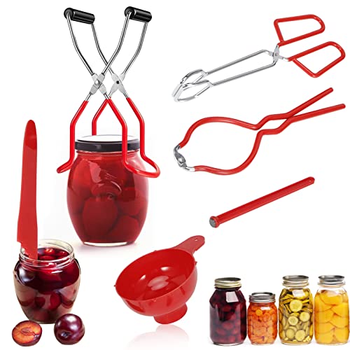 6 Piece Set Canning Kit, Canning Tools Canning Supplies Set with Canning Funnel Canning Tongs Canning Jar Lifter Jar Wrench Lid Lifter(Red)