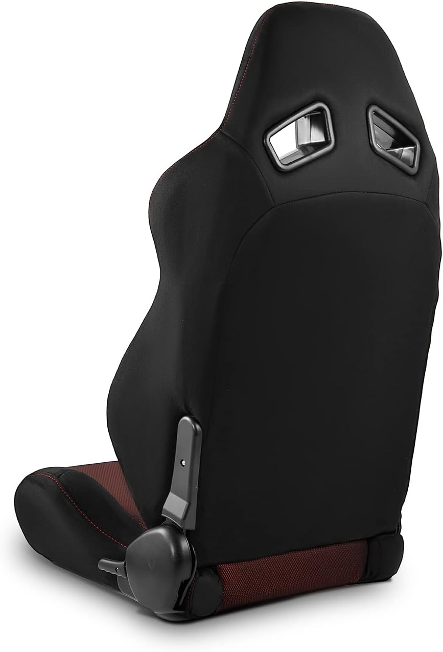 ModofyStreet [Classic Series] Universal 1 Pair Black and Dark Red PVC Leather Racing Seats with Mesh Center, Reclinable Seats, Includes Dual Sliders, High Back Support, 2PCS Set