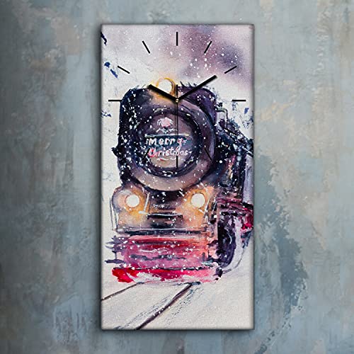 Horloge sur toile déco murale moderne train paysage enneigé