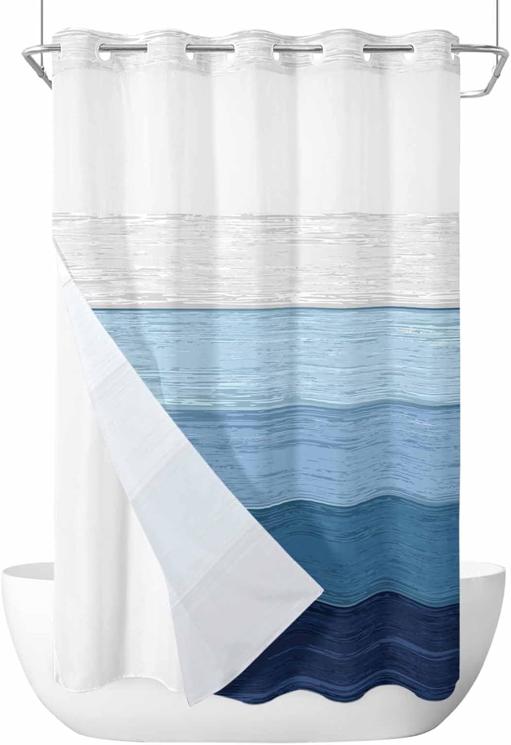 Blue No Hooks Shower Curtain and Liner Set,Hotel Style Fabric Bathroom Shower Curtains Geometric Retro Striped Rustic Farmhouse Wooden Waterproof Polyester See Through Small Stall Bath Curtain,36"x78"