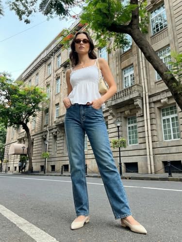 Image of Urbano Fashion Women's High Rise Straight Fit Washed Jeans Non-Stretchable