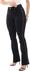 Calça Feminina Flare Jeans Preto Levanta Bumbum Cintura Alta Com Spike na Lateral