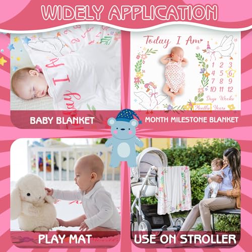 Image of Silly Goose Baby Milestone Blanket for Baby Girl, | Floral Flannel Blanket Newborn Infant Swaddle Baby Growth Blanket Photography Background with Wooden Signs,Frames,Heandband