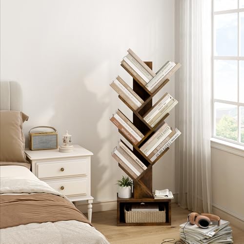 Image of Hoctieon 6 Tier Tree Bookshelf, Tall Bookcase with Drawer, Freestanding Book Shelf, Display Floor Standing Storage Shelf, Book Organizer Shelves for Home Office, Rustic Brown
