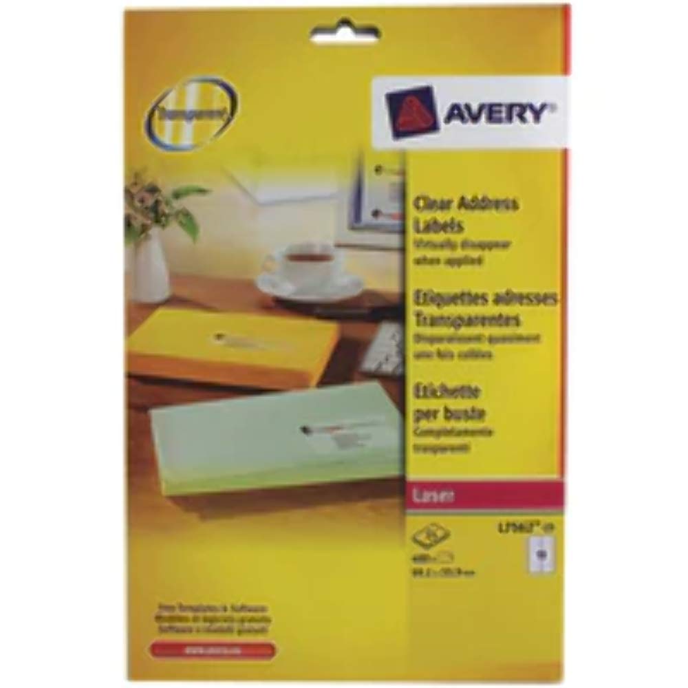 Etichetta adesiva L7562 - poliestere - adatta a stampanti laser - permanente - 99,1x34 mm - 16 etichette per foglio - trasparente - Avery - conf. 25 fogli A4