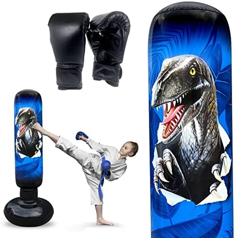 RAGECAMEL Thickened Inflatable Kids Punching Bag with Stand, Freestanding Dinosaur Punching Bag for Kids, Boxing Punching Bag with Gloves, Blow Up Punching Bag for Kids