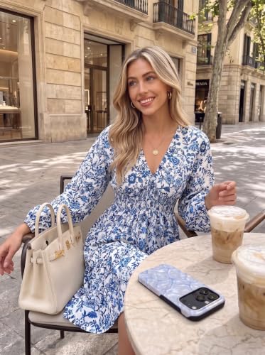 Image of Dokotoo Womens Dresses Boho Floral V Neck Long Sleeve Smocked Elastic Waist Casual A-Line Mini Dress Sundress