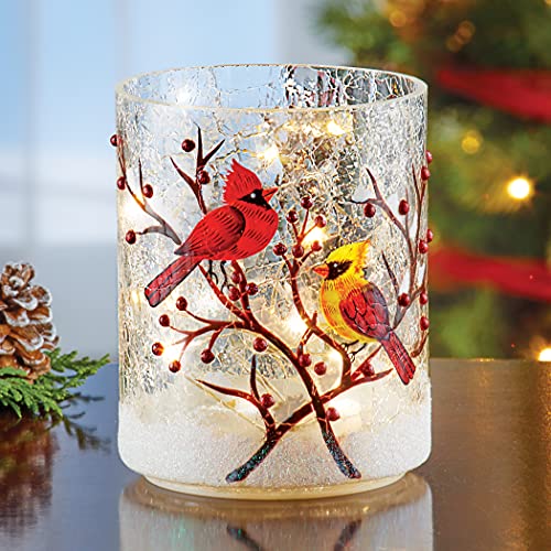 Collections Etc Hand Painted LED Lighted Cardinals Glass Tabletop Hurricane