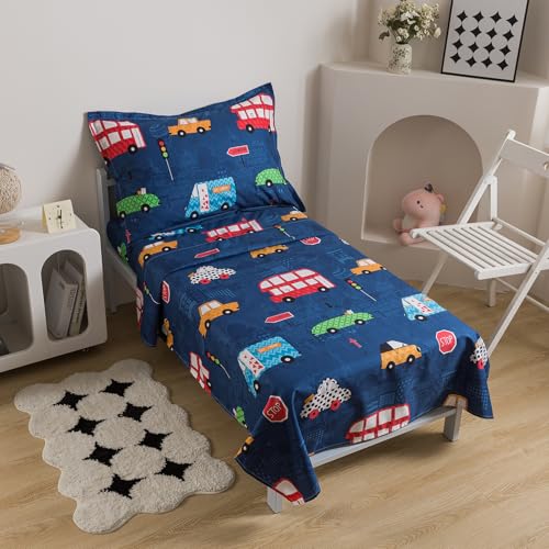Image of Caressma Navy Toddler Bedding Set, 4 Pieces Boys Comforter with Car Print | Microfiber Kids Comforter with Cars,Buses & Traffic Lights Pattern, Includes Comforter, Fitted Sheet, Flat Sheet & Pillowcase