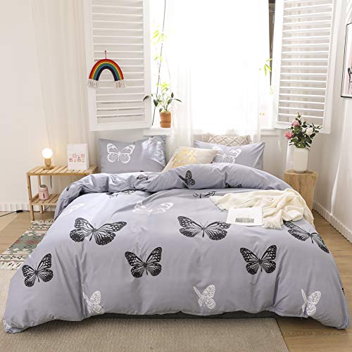 Boho Butterfly Comforter Set Blue Grey Comforter Bedding Set Black White Butterfly Printed Down Alternative Comforter Soft Gray Microfiber Bedding Twin 1 Comforter 1 Pillowcase (Twin, Blue Grey) #TOP8