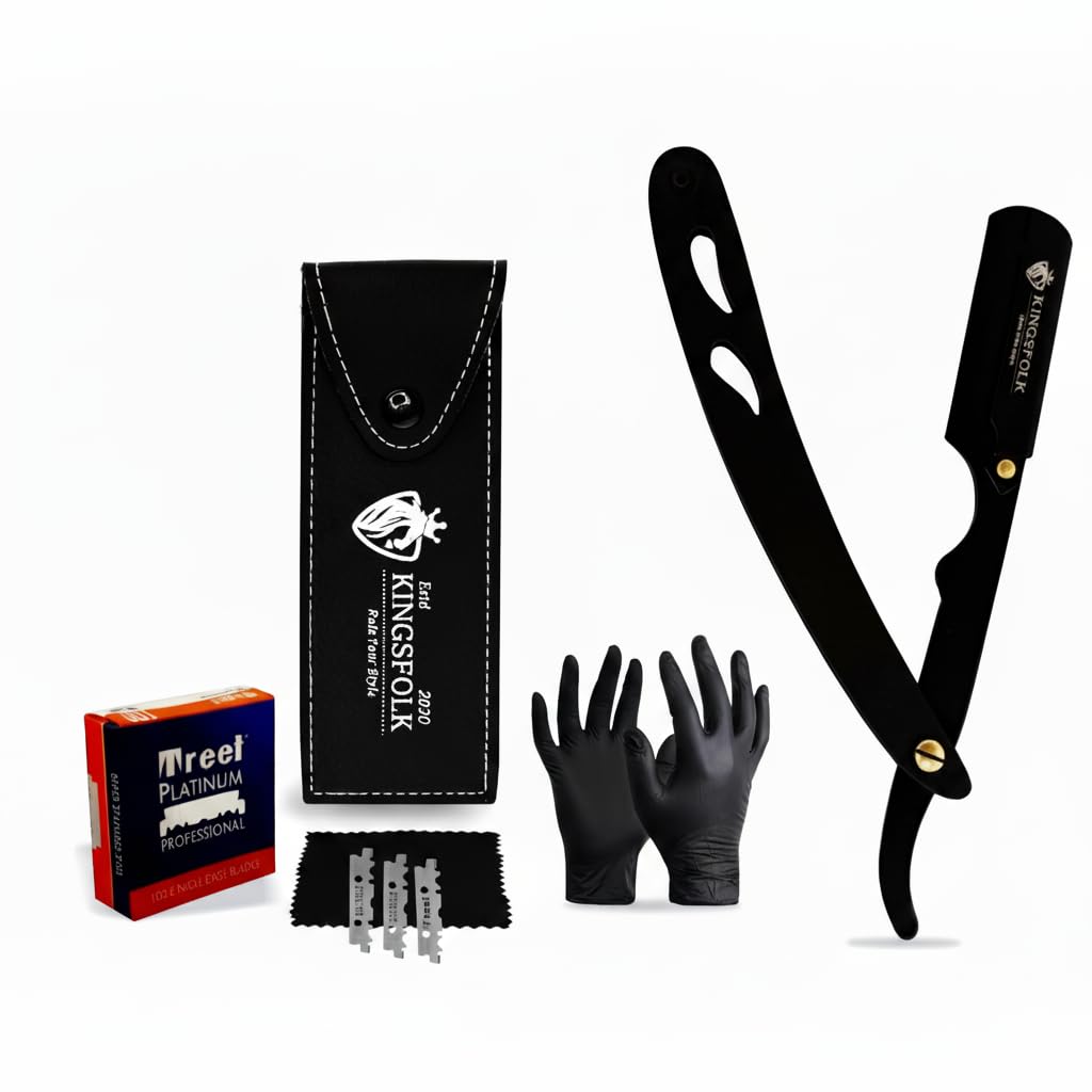 Professional Straight Razor Kit, Black Stainless Steel, with 100 Platinum Blades, Leather Pouch, Cleaning Cloth, Nitrile Gloves Ergonomic Design for Barbers and Home Grooming