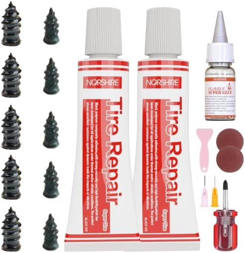 NORSHIRE Tire Repair Screw Kit, 10 Self-Sealing Screw-in Tire Plugs with Screwdriver and 3 Repair Adhesives, Quick Tubeless Tire Puncture Repair for Car, Motorcycle, Truck, ATV and Tractor