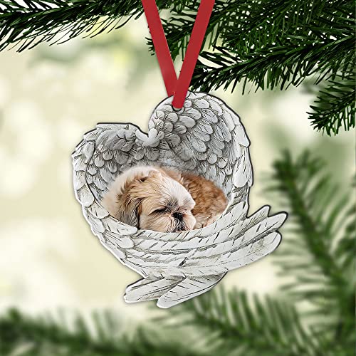 Talataca Shih Tzu Shitzu Schlafender Engelsflügel Tier Haustier Hund Bauernhaus 2D Flacher Auto Rückspiegel Zubehör Weihnachtsbaum Ornament Dekoration Hängender Charme Innen Rückansicht Anhänger Dekor