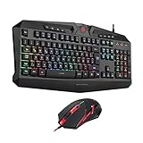 REDRAGON GAMING TASTATUR UND MAUS SET FÜR PC GAMER; Inklusive 113 Tasten Gaming Tastatur mit RGB Rainbow Beleuchtung und 25 konfliktfreie Tasten (n-Key Rollover, Anti Ghosting). PLUS Beleuchtete programmierbare Gaming Maus M601 mit 8 anpassbaren Gewichten für perfekt personalisiertes Gewichts- und Balance Tuning