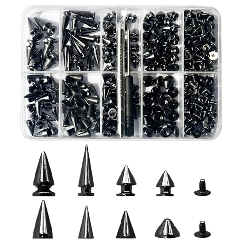 Rckcu 354 Pcs Punk Spikes and Studs Kit, 8 Sizes Metal Cone Spike Studs Rivets for Clothing, Leather Jackets, Belts, Shoes, Bags, DIY Punk Crafts (Gun Black)