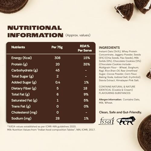 Image of GOAT Life Overnight Oats (75g) | 20g Protein | High Fiber | Instant Oats with Flax & Chia Seeds | No Sugar | Supports Weight Management & Muscle Recovery | Instant Breakfast | (Pack of 5, Cookies & Cream)