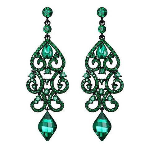 Flyonce Rhinestone Crystal Wedding Art Deco Floral Chandelier Dangle Earrings for Women Green Black-Tone Cover