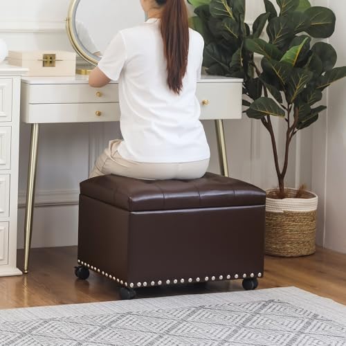 Image of Joveco Leather Storage Ottoman with 360 Caster Wheels 24 inch Foot Rest Bench Rectangle Ottomans Stool for Living Room Bedroom (Brown, Wheels)