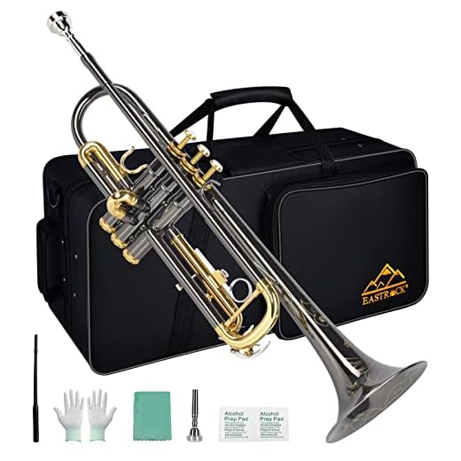EASTROCK Bb Trumpet Instrumento de trompete padrão gravado em níquel com estojo de transporte, suporte de trompete, luvas, bocal 7C e kit de limpeza