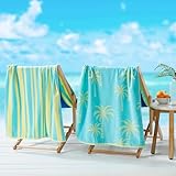 Great Bay Home 100% Cotton Beach Towels | 2 Pack of 30 x 60' Blue Yellow Pool Towels for Adults and Kids | Absorbent & Quick Dry Towels (Palm Tree Blue/Yellow)