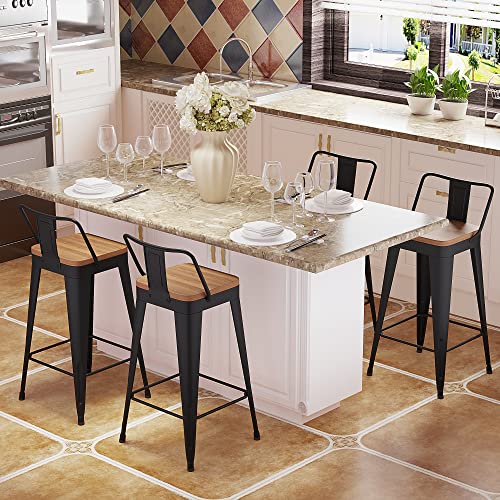 Pointant Bar Stools Set Of 4 Metal Bar Stool Counter Height Bar Stools 26" Black Modern Bar Chairs With Back And Wooden Seat Bar Stools Counter Height #TOP6