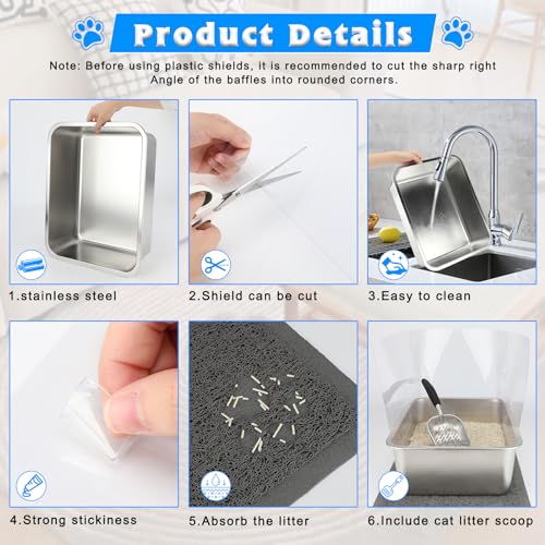 YUEPET 1 Set Stainless Steel Cat Litter Box with High Sides, Durable Metal Cat Litter Basin Pan Easy to Clean Cat Litter Tray for Odor Control with Cat Litter Scoops Cat Litter Mats 17.5\"x13.6\"x6\"