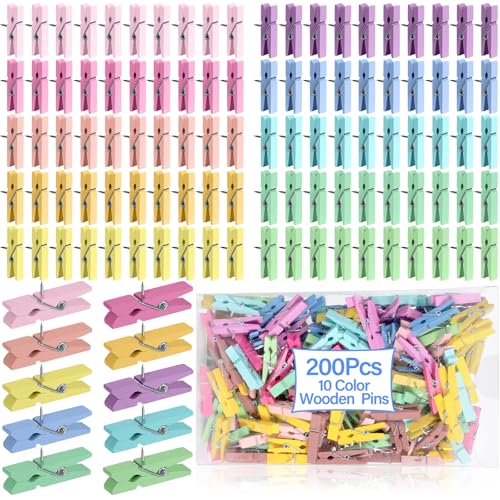200Pcs Push Pin with Wooden Clips Decorative Pushpins Tacks Thumbtacks for Cork Board Bulletin Board Wooden Push Pins for Artworks Notes Photos Calendar Craft Projects School Office Home (Pastel)