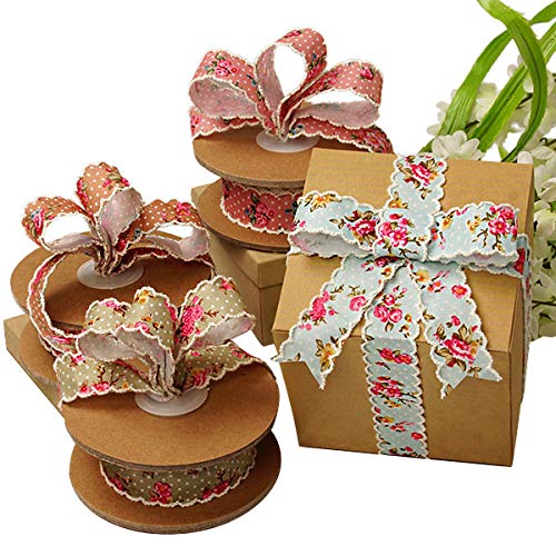 Image of Vintage Floral Shabby Chic Ribbon - 1 inch x 10 Yards, Mint Green Ribbon with Pink Roses, White Swiss Dots, Scalloped Stitched Edges, Christmas, Hair Bow, Corsage, Wedding, Valentine's Day, Easter