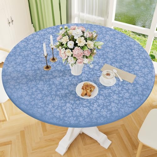 Image of Smiry Waterproof Heavy Duty Vinyl Fitted Tablecloth for 36 inch-44 inch Round Table | Elastic Plastic Table Cloth, Wipeable Washable Floral Patio Table Cover for Picnic, Kitchen and Dining, Haze Blue