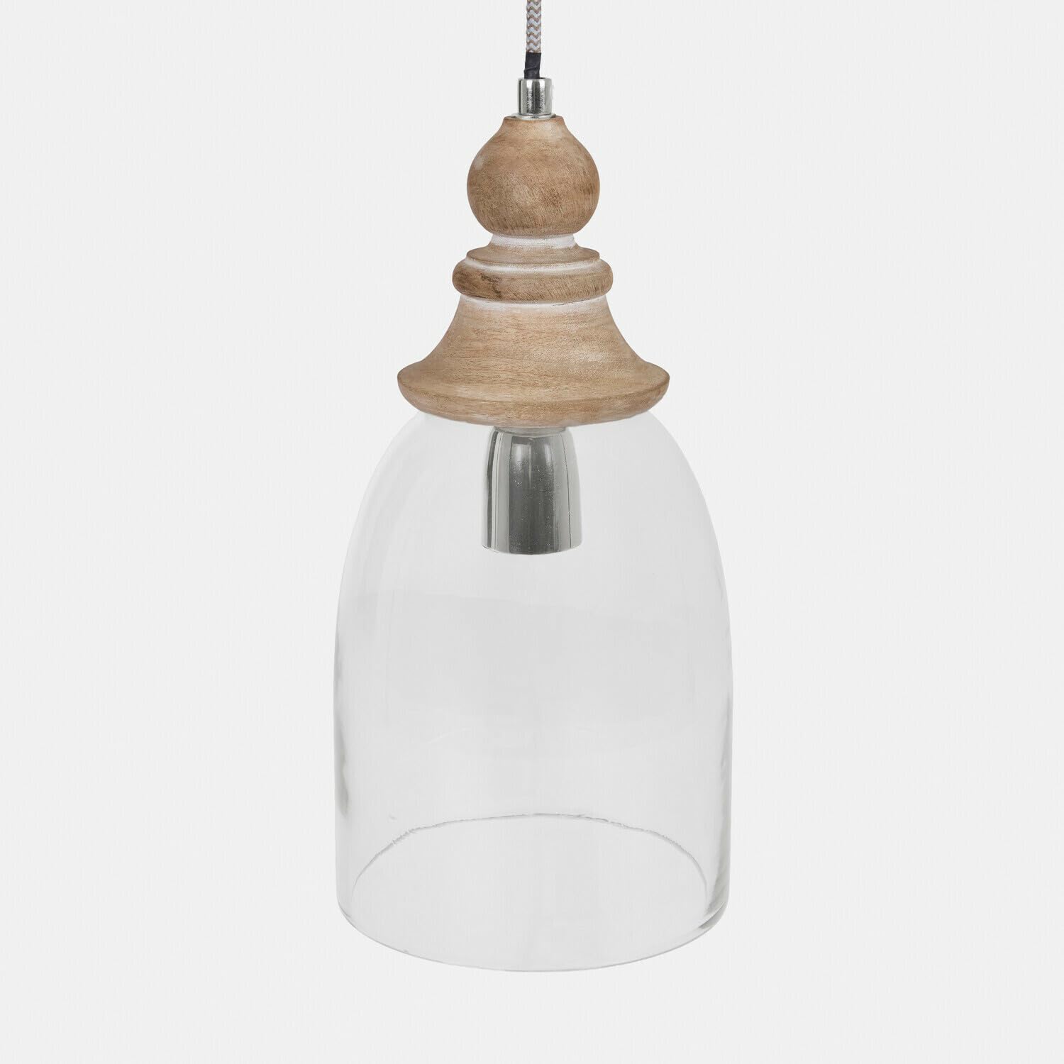 LOBERON Raina Suspension - Abat-jour en verre transparent résistant - Élément ouvragé en bois finition ancienne, transparent