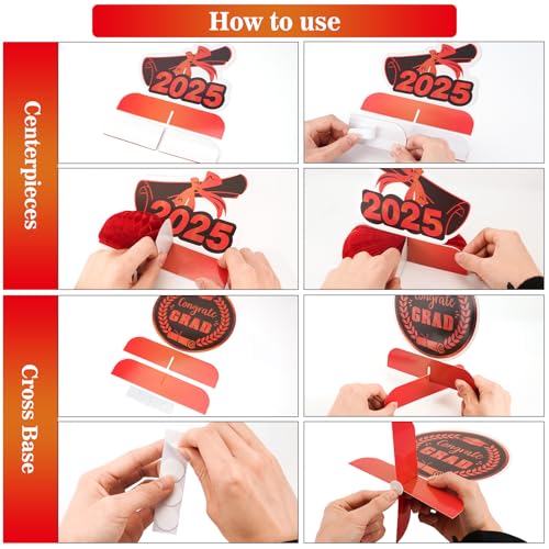 Image of 12PCS Graduation Decorations Class of 2025, Congrats Grad Table Centerpieces Graduation Honeycomb Centerpieces Grad Party Centerpieces 2025 Graduation Decorations for Party, Red