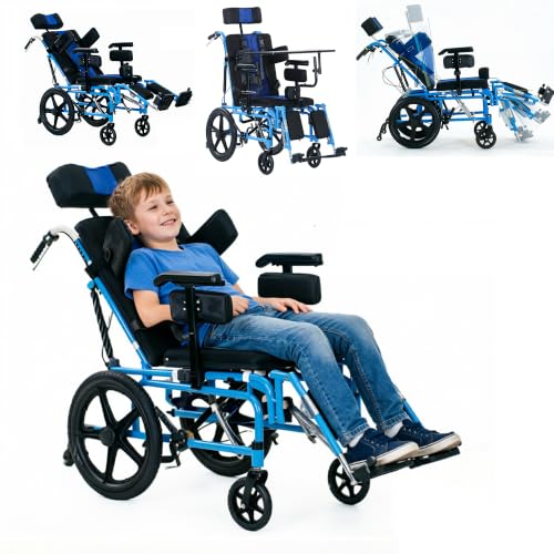 Full Reclining Pediatric Wheelchair Heavy Duty Folding Kids Wheelchair with Headrest Meal Tray & Elevating Footrest Medical Mobility Chair for Home Travel & Rehabilitation (Blue)