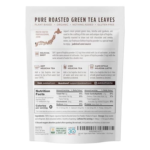 Image of Jade Leaf Matcha Organic Japanese Hojicha Powder, Roasted Matcha Green Tea Powder - Teahouse Edition - Authentic Japanese Origin (1.76 Ounce Pouch)