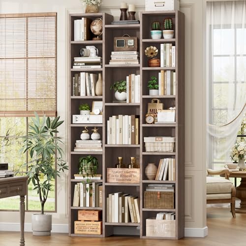 FOTOSOK 71'' Tall Bookshelf with 21 Cubes, 8 Tier Triple Wide Bookshelf with 8 Adjustable Shelves, 35" Large Bookcase DVD/CD Media Tower Storage, Freestanding Display Shelf Cabinet, Oak