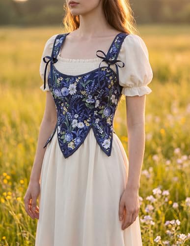 Image of SCARLET DARKNESS Corset Tops for Women Renaissance Costume Floral Lace Up Boned Bustier with Zip