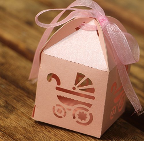 KAZIPA 50PCS Baptism Favor Boxes, 2.2''x2.2''x2.2''Laser Cut Gift Boxes with 50 Ribbons for Baby Shower Favors Baptism Decorations First Birthday Party, Pink