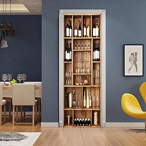 WJDJT Stickers 3D Porte Poster Cave À Vin Creative Bar Art Papier Peint Porte Trompe L'Oeil Pour Salon Chambre Décoration De La Maison Pvc Imperméable Amovibles Stickers Muraux 77X200Cm