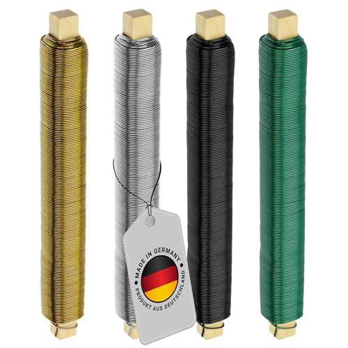 ECENCE 4er Set Blumendraht verzinkt, 0,65mm Basteldraht, Wickeldraht lose auf Holzwickel zur Befestigung von Blumen und Pflanzen, Bindedraht 35m Farbe Gold, Silber, schwarz, grün