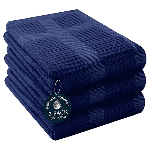HEIRLOOM COMFORT 3 Pack Blue Waffle Weave Kitchen Towels, 16x26 Inches, 100% Cotton Dishcloth Set, Super Absorbent, Quick Dry, Soft Hand Towels for Drying Dishes, Cleaning, Durable, Indigo Blue