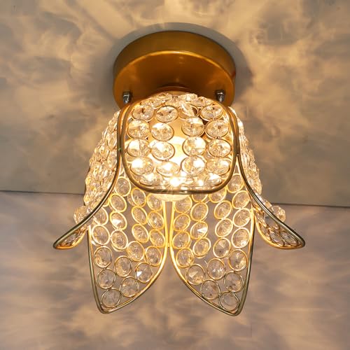 Image of Homesake Gold Metal Lotus Crystal Flush Mount Ceiling Light for Hallway, Bedroom, Living Room, Foyer & Balcony, Crystal Ceiling Lamp, Fixture Ceiling Light, Decorative Chandelier Light for Home Decor