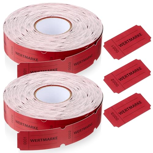 Nezyo 2 Rollos 1 Euro 2 x 1000 Fichas Ticket de Consumo Vales Numerados Fichas Desprendibles para Bebida Comida Buffet Restaurante Bar Club Fiesta Halloween Eventos de Negocio(Rojo)