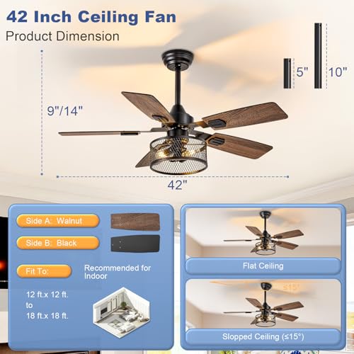 Depuley 42-Inch Ceiling Fans with Lights: Caged Ceiling Fans Dual Finish 5 Blades - Farmhouse Ceiling Fan with Remote Control for Rustic Living Room Outdoor Patio Reversible (Black Walnut) by Depuley - Used condition - Image 6
